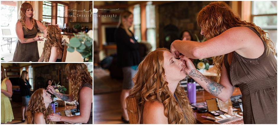 The hair and makeup artist applies makeup to this gorgeous red headed bride! 