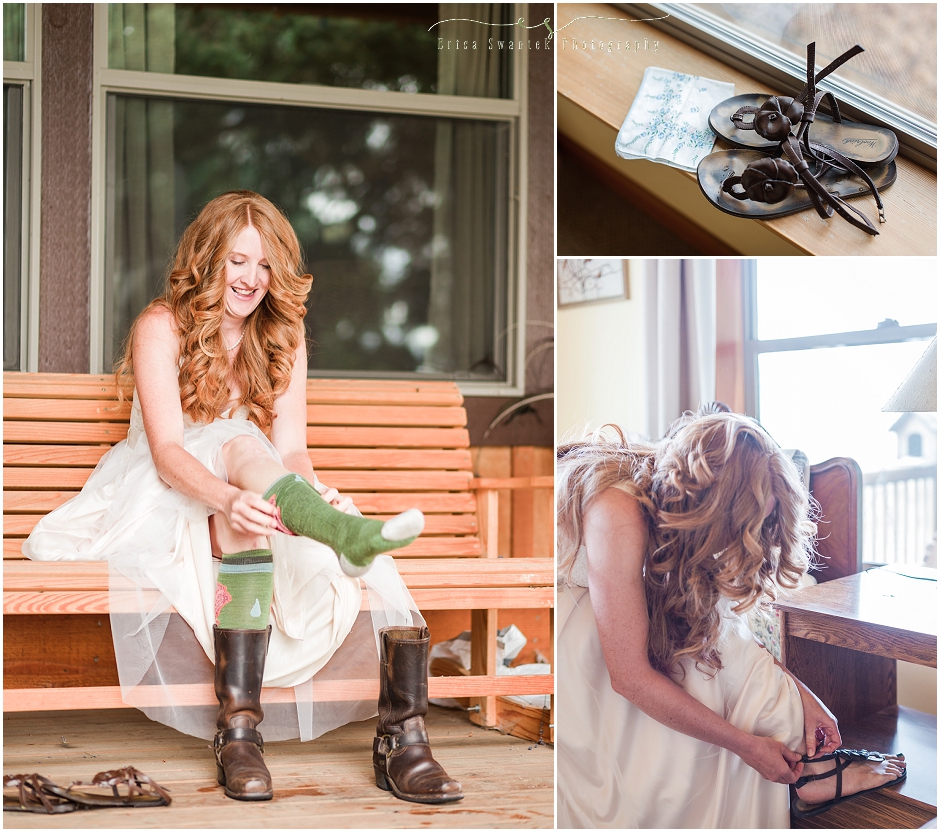 A simple pair of brown leather strappy sandals are worn to start, but the bride changes into boots with the wet weather. Her socks have raindrops. Perfect for the rainy day! 