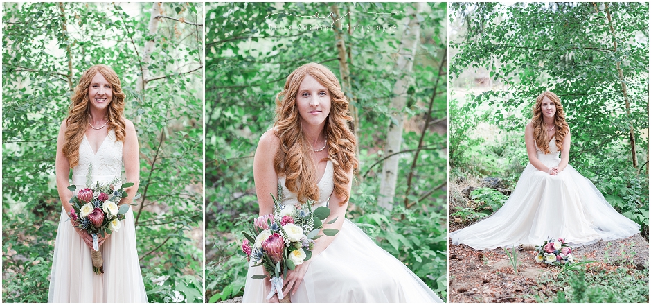Gorgeous bridal portaits with the bride sitting outside near a pond and aspen trees. 