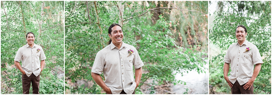 A very handsome groom wearing a simple tan linen shirt with brown trousers waiting to see his beautiful bride for the first look in front of a beautiful pond surrounded by aspen trees. 