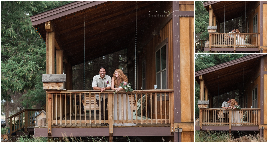 This bride and groom are enjoying the covered porch as the rain falls steadily before their ceremony. 