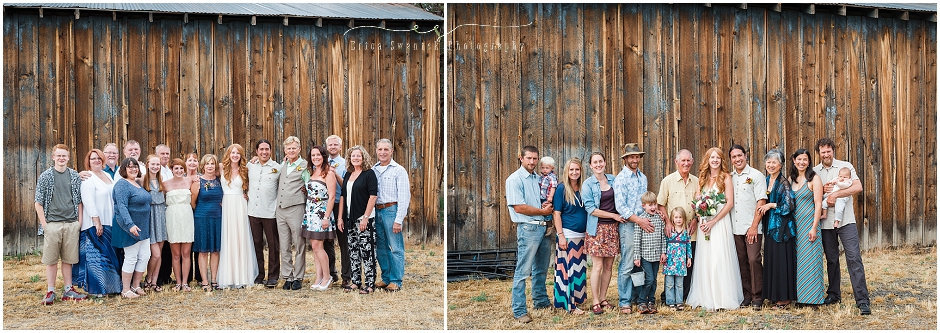 Family formals with the bride and grooms extended families in front of a beautiful brown rustic barn on this Oregon ranch. 