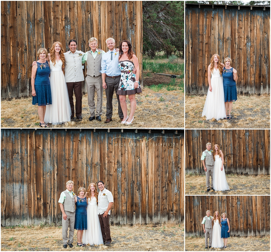 The bride and her family pose for family formals in front of this beautiful rustic, Central Oregon barn. 