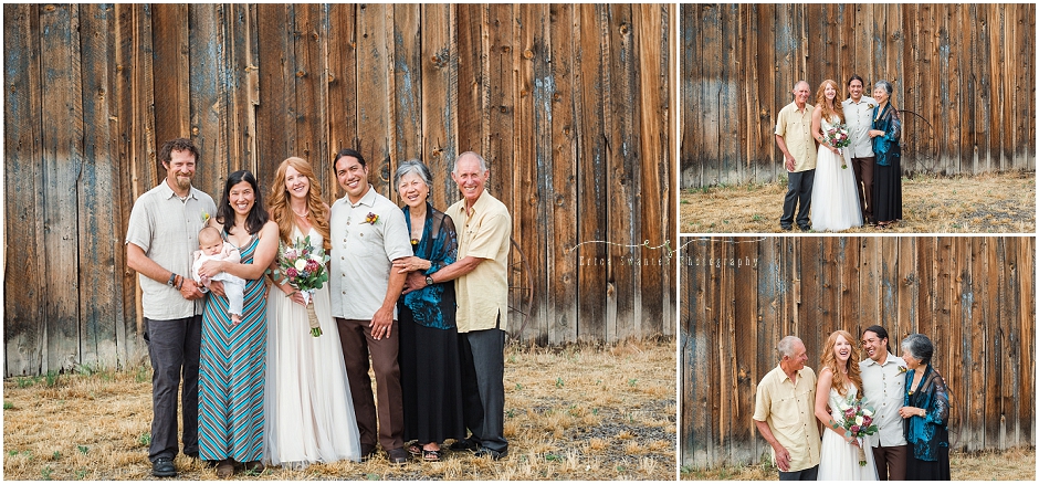The groom and his family pose for family formals in front of this beautiful rustic, Central Oregon barn.