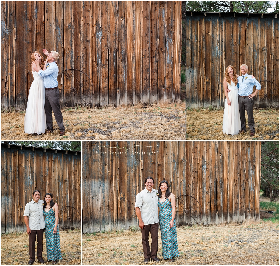 The bride and her brother and the groom and his sister pose for family formals in front of this beautiful rustic, Central Oregon barn.