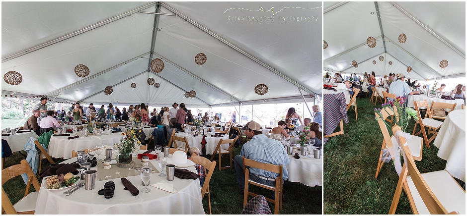 Beautiful, large white tent with tables, chairs and handmade decorations provides the location for the wedding reception. 