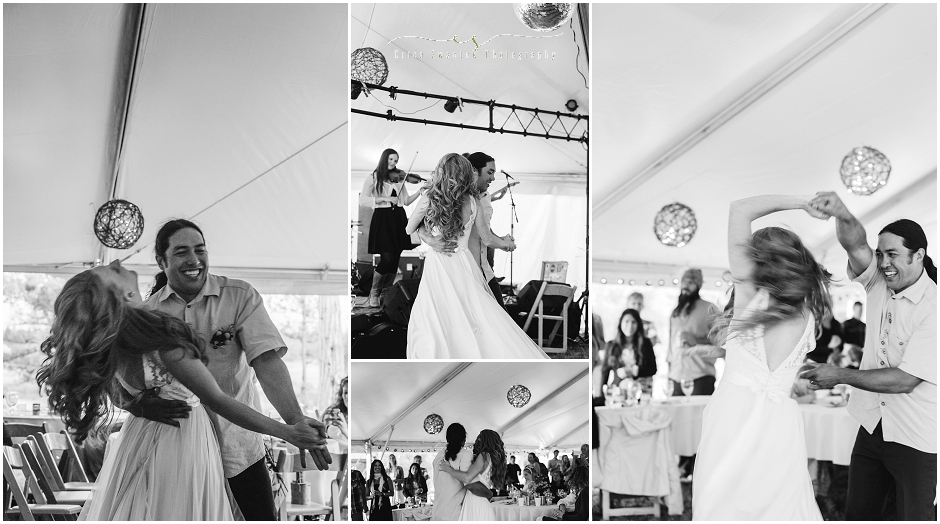 The groom sweeps his bride up for a fast stepping, boot stomping, bluegrass first dance. 