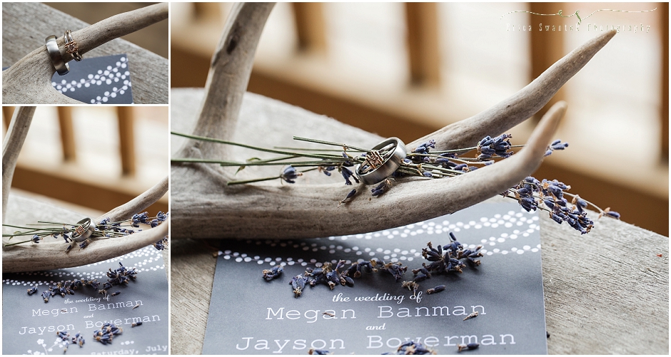 Beautiful ring detail shot placed with the dusty purple invitations, a found deer antler, and lavender blooms & buds. 