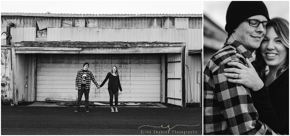 Black and white industrial engagement photo session images add to the grungy feel. 