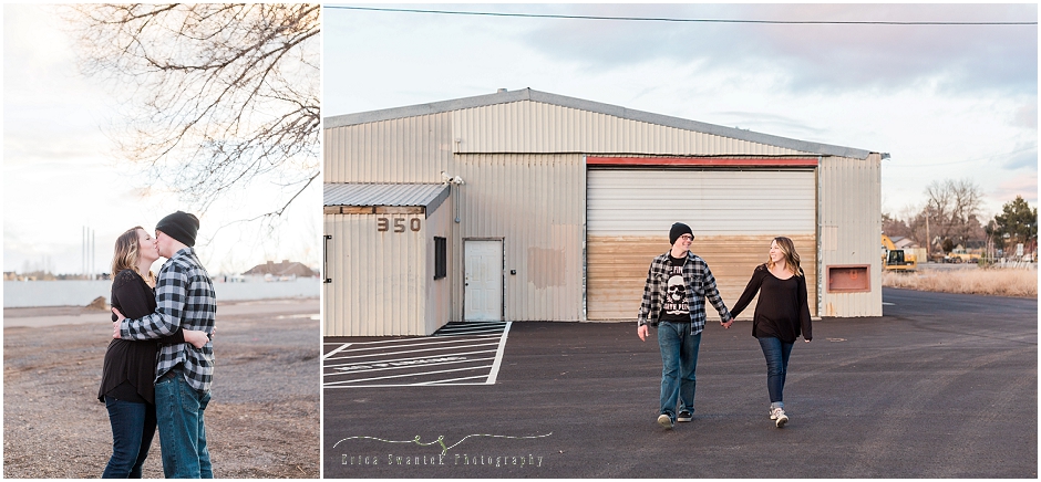 Old warehouses add to the urban industrial feel of this Central Oregon engagement photo session. 