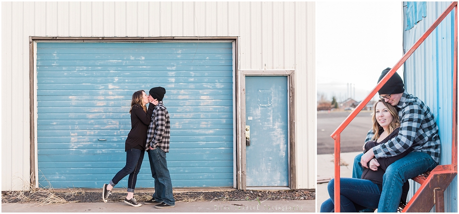 Old worn down blue warehouse doors really pop in the evening light of this gorgeous Bend, OR engagement photo session. 