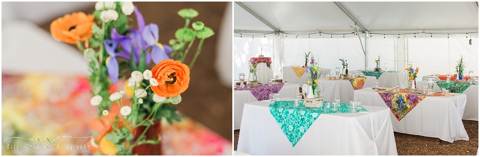 Rainbow colors decorate this rustic backyard wedding in Sisters, OR. 