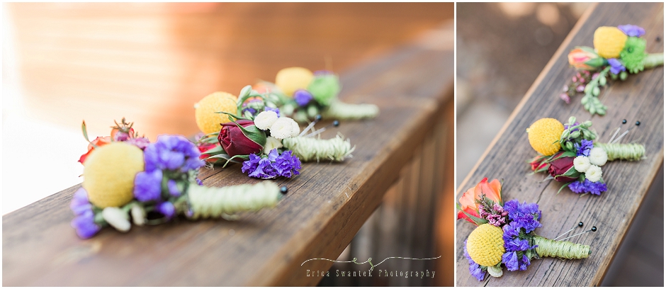 Boutonnieres in all colors of the rainbow make for a festive addition to the groom's attire. 