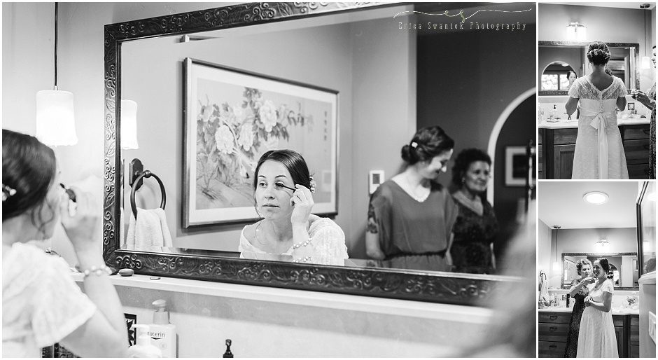 This laid back bride does her own makeup before her Oregon wedding. 