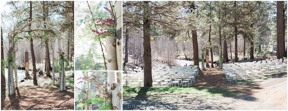 Gorgeous aspen tree arbor decorated in flowers overlooking a gorgeous creek in this rustic backyard wedding in Sisters, OR. 