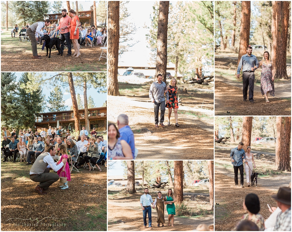 Family members are the unofficial bridal party at this backyard wedding ceremony in Bend, Oregon. 