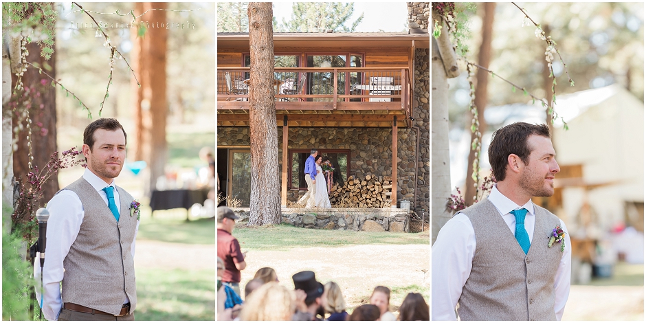 A groom sees his bride for the first time at this rustic backyard wedding in Oregon. 