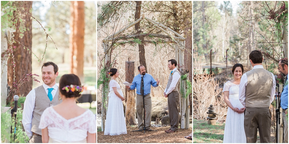 Saying the vows in front of friends and family in this gorgeous wooded setting by a stream in Sisters, OR. 