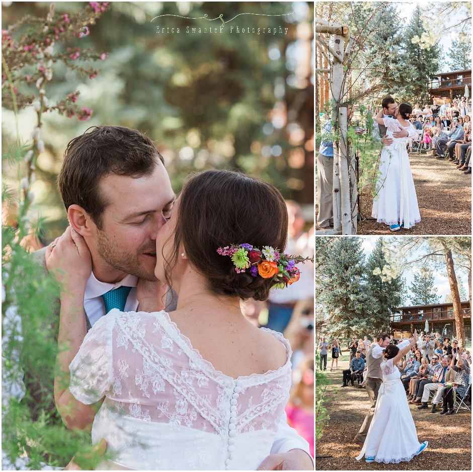 Couple seals the deal with a kiss in this gorgeous backyard wedding ceremony in the rustic woods of Sisters, OR. 