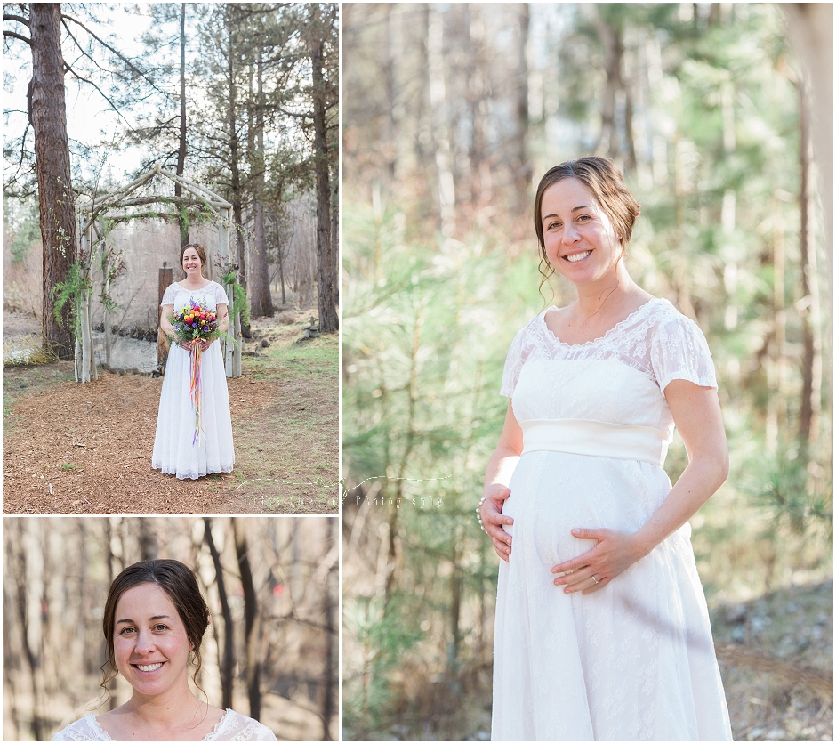 A gorgeous pregnant bride glowing for her bridal portraits in this outdoor rustic wedding in Oregon. 