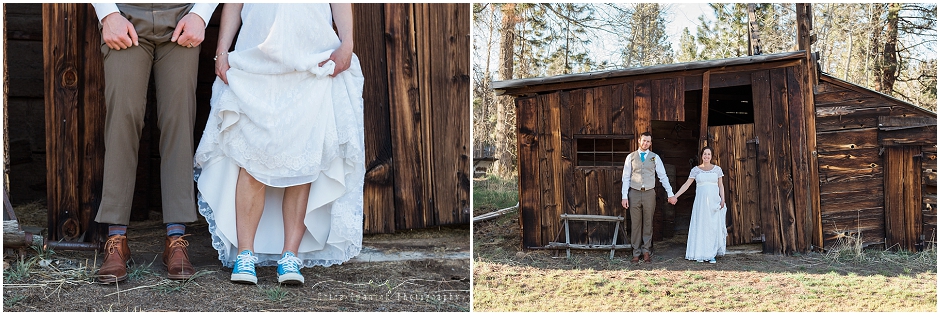A rustic barn adds the perfect backdrop for our wedding couple's portrait at this ranch in Sisters, OR. 