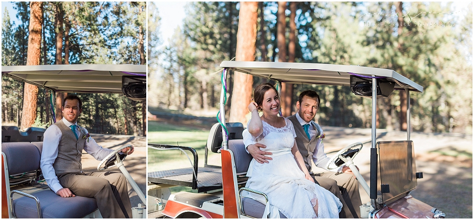 The groom picks his bride up via golf cart at this rustic ranch wedding in Bend, Oregon. 