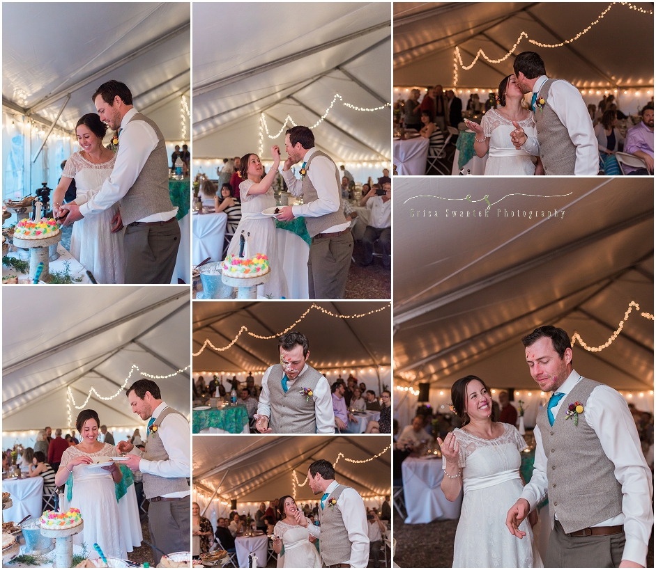 A bride smashes cake into her groom's face after the cake cutting.