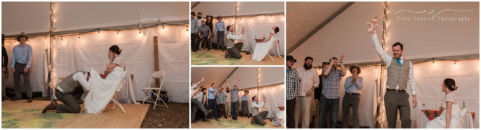 A pregnant bride and groom pull a prank on their guests and toss out a baby doll instead of a garter for the traditional garter toss at this Oregon wedding! 