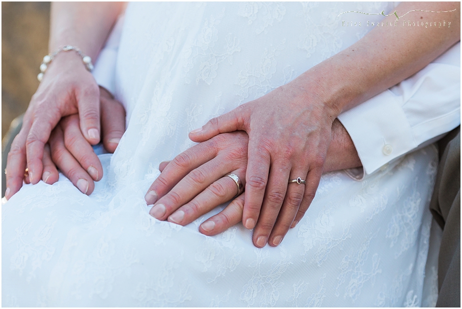 Traditional photograph of wedding rings on a couple's fingers together. 