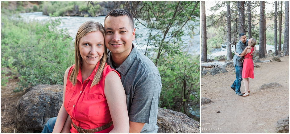 Engagement photos along the Deschutes river with a laughing couple in Bend, OR. 