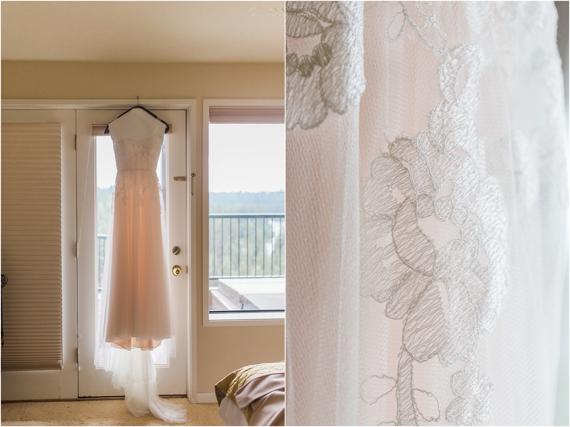 A gorgeous Anthropologie gown in porcelain, with beautiful lacy details that glow with the light filling this Mt. Bachelor Village room in Bend, OR. 