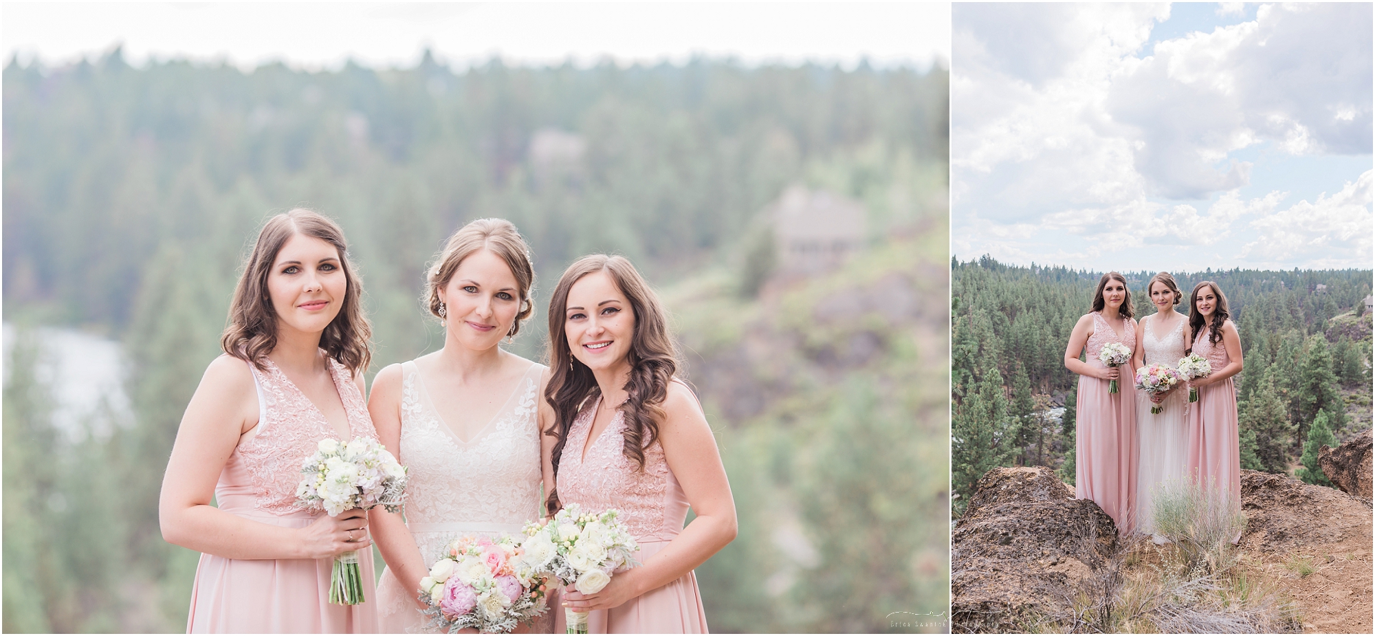 Stunning bride and bridesmaids pose overlooking the Deschutes River from Mt. Bachelor Village in Bend, OR. 