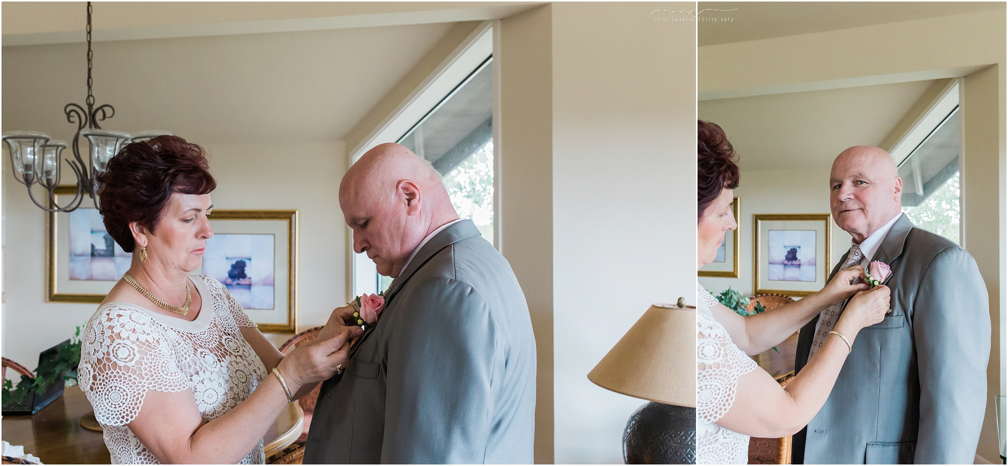 The father of the bride gets ready as the mother of the bride pins his boutonniere to his lapel. 