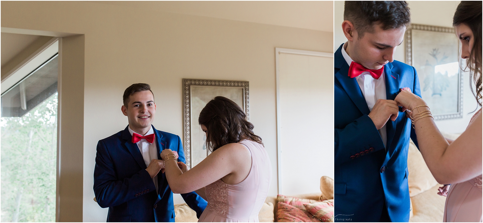 A very dapper brother of the groom wearing a blue suit and red bow tie! 
