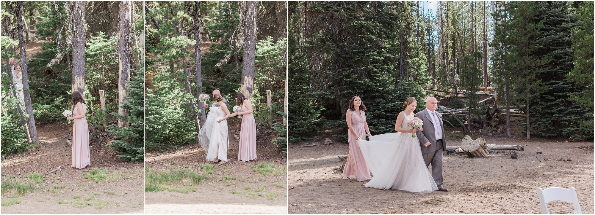 A trail and sandy beach provide the perfect aisle for this intimate outdoor Oregon wedding along Sparks Lake in the Cascade Mountains. 