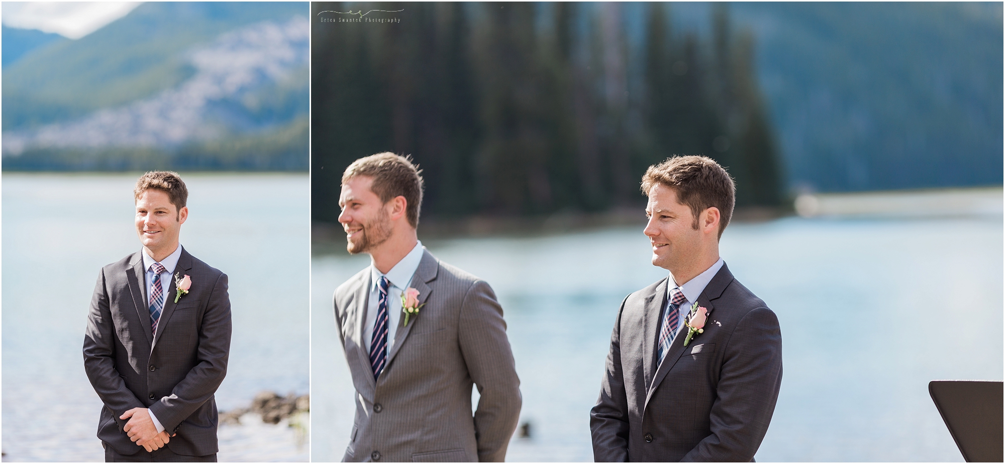 A groom waits with a big smile to see his bride for the first time at his intimate outdoor Oregon wedding. 