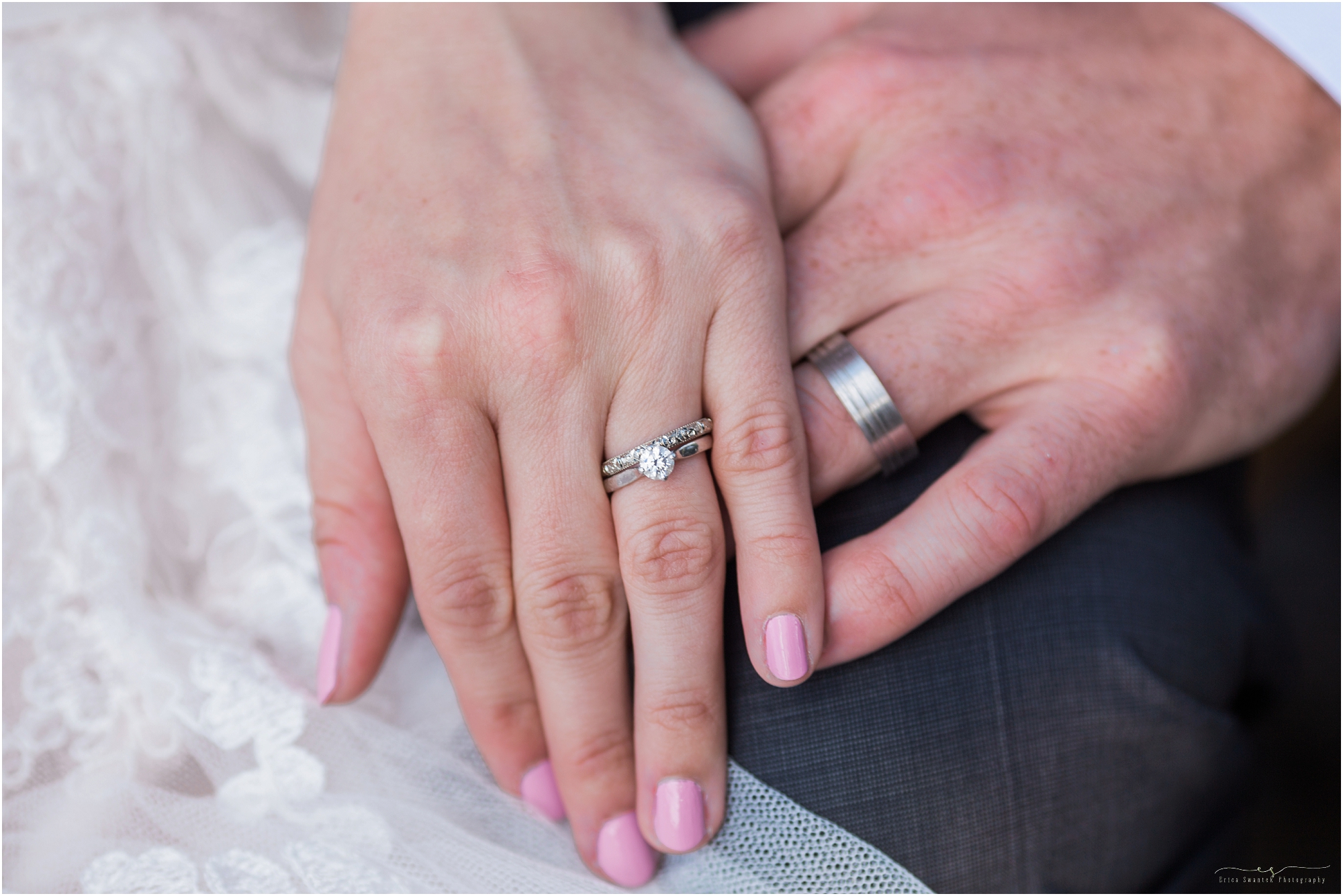 Rings on the hands in this formal wedding portrait in Oregon. 