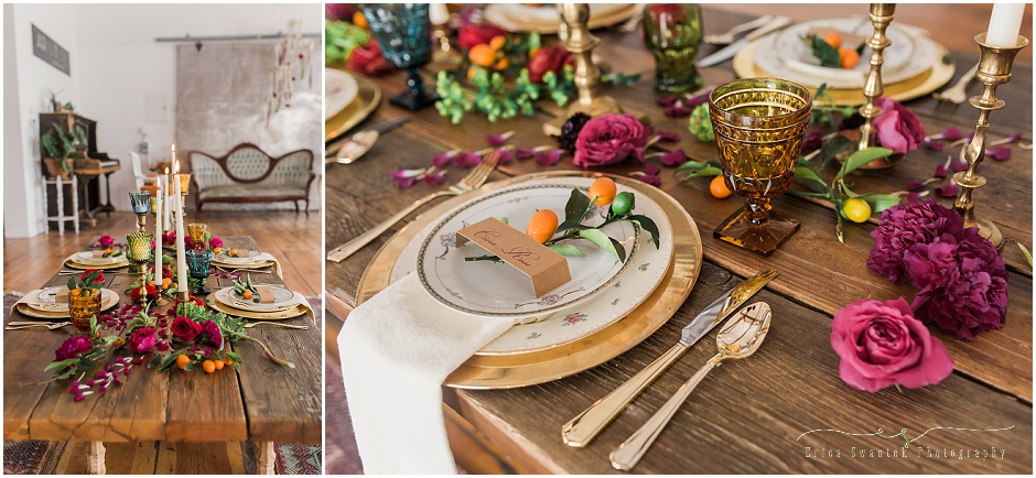 Beautiful details of a vintage bohemian table with decor from the Peanut's Gallery Bend and Summer Robbins Flowers, both from Central Oregon Weddings. 