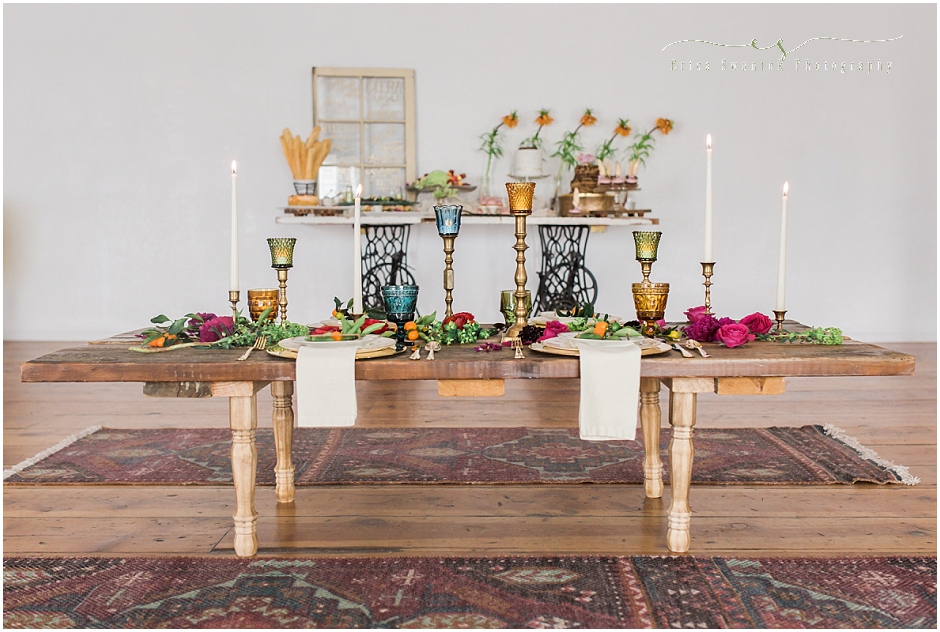 Beautiful tables and vintage decor from Peanut's Gallery in Bend, create the perfect look for a bohemian bridal shower theme! 