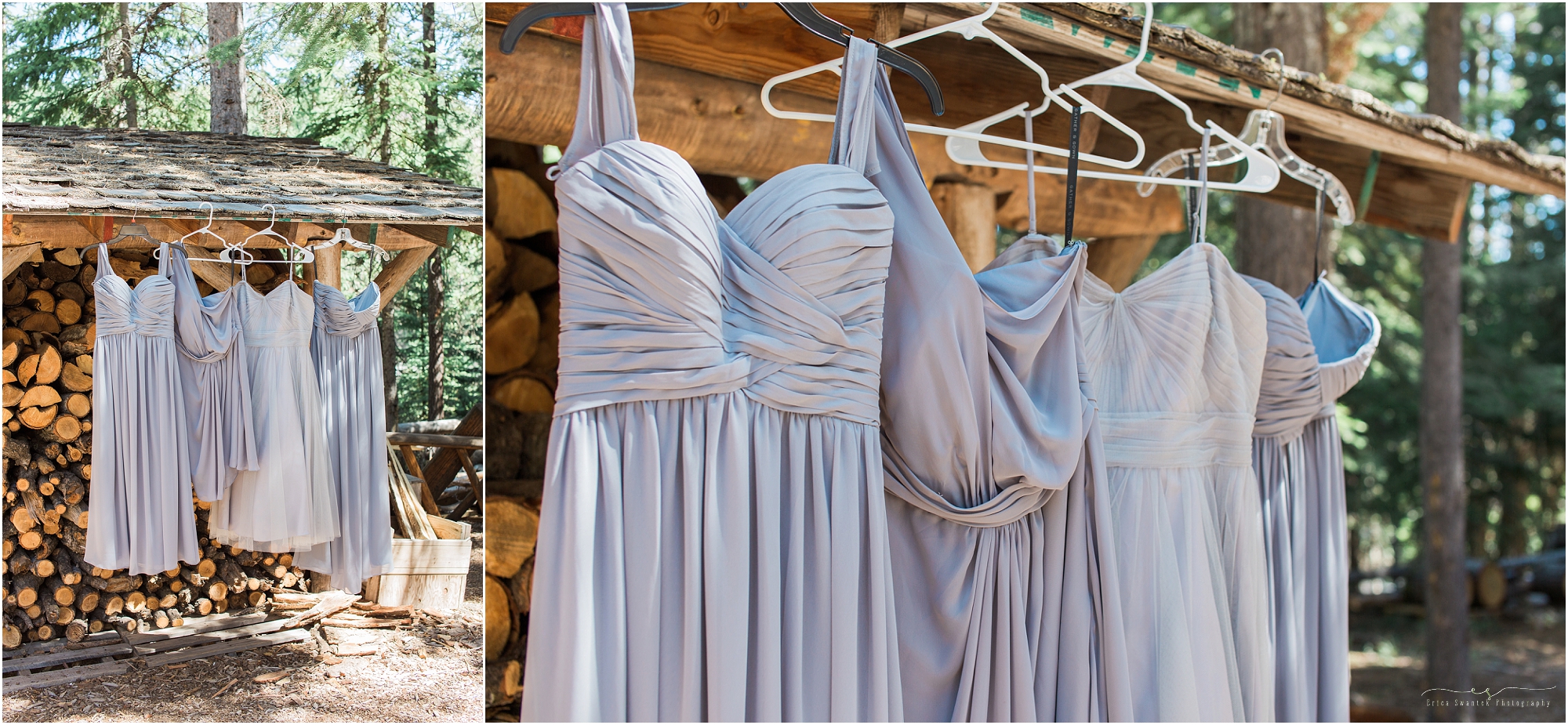 Beautiful blue bridesmaid dresses at this rustic Oregon lodge wedding near Bend. 