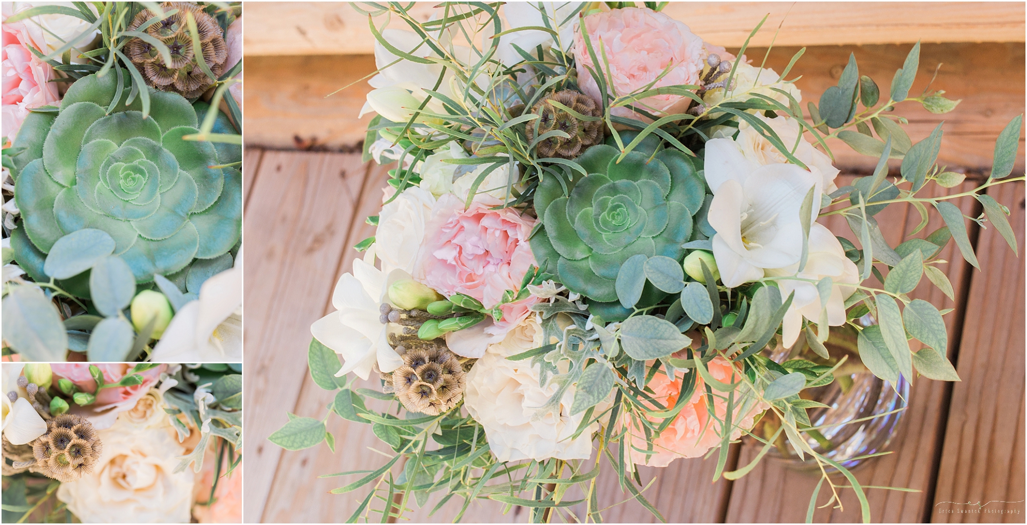 An amazing bridal bouquet made of succulents and soft colors for this rustic Oregon lodge wedding in Bend, OR. 