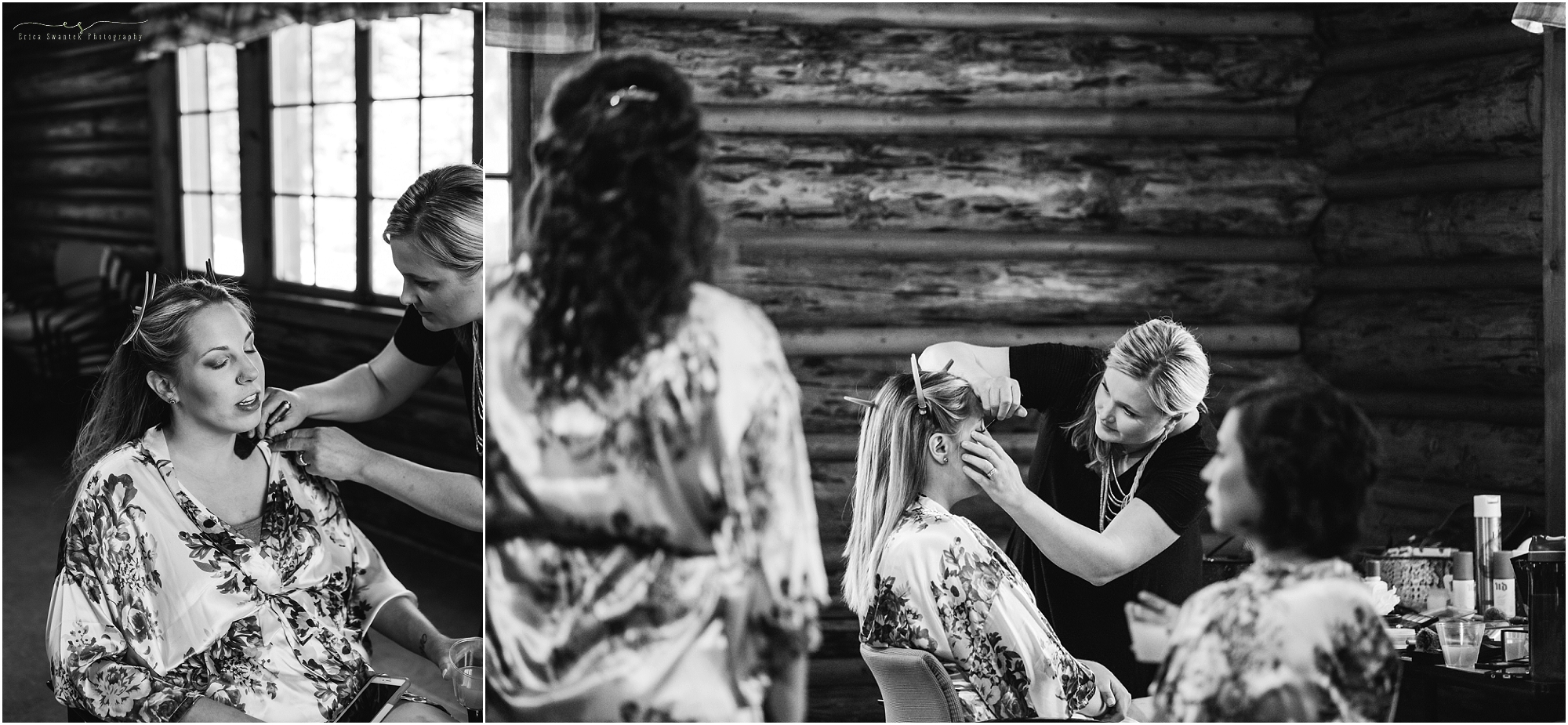 Bend makeup artist prepping the bride to be at this rustic Oregon lodge wedding. 