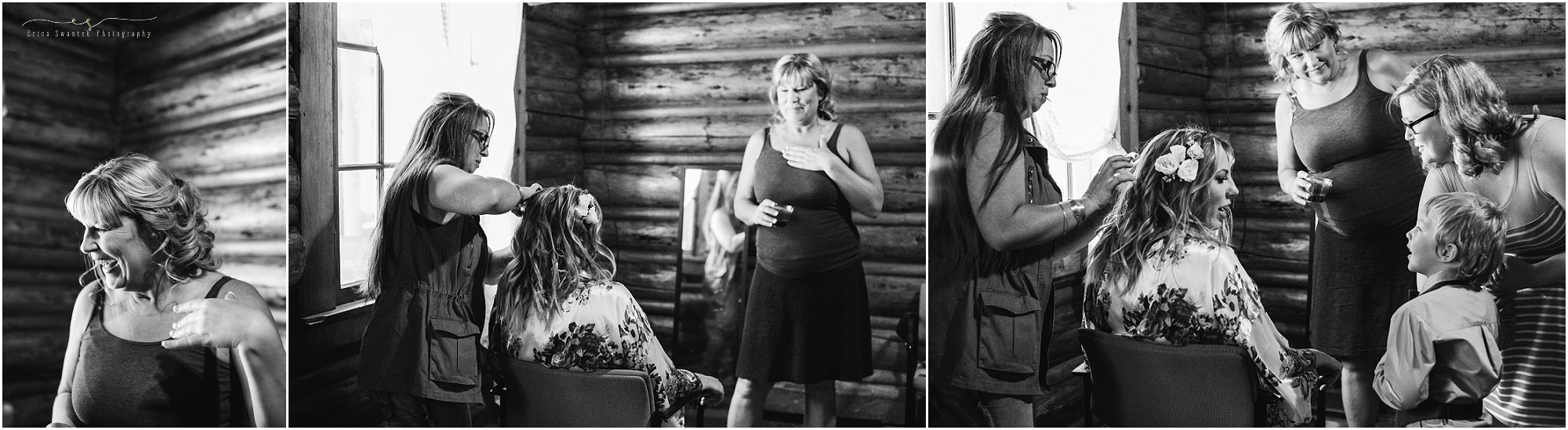A bride's mom and son see her as she readies herself for her wedding day in Bend, OR. 
