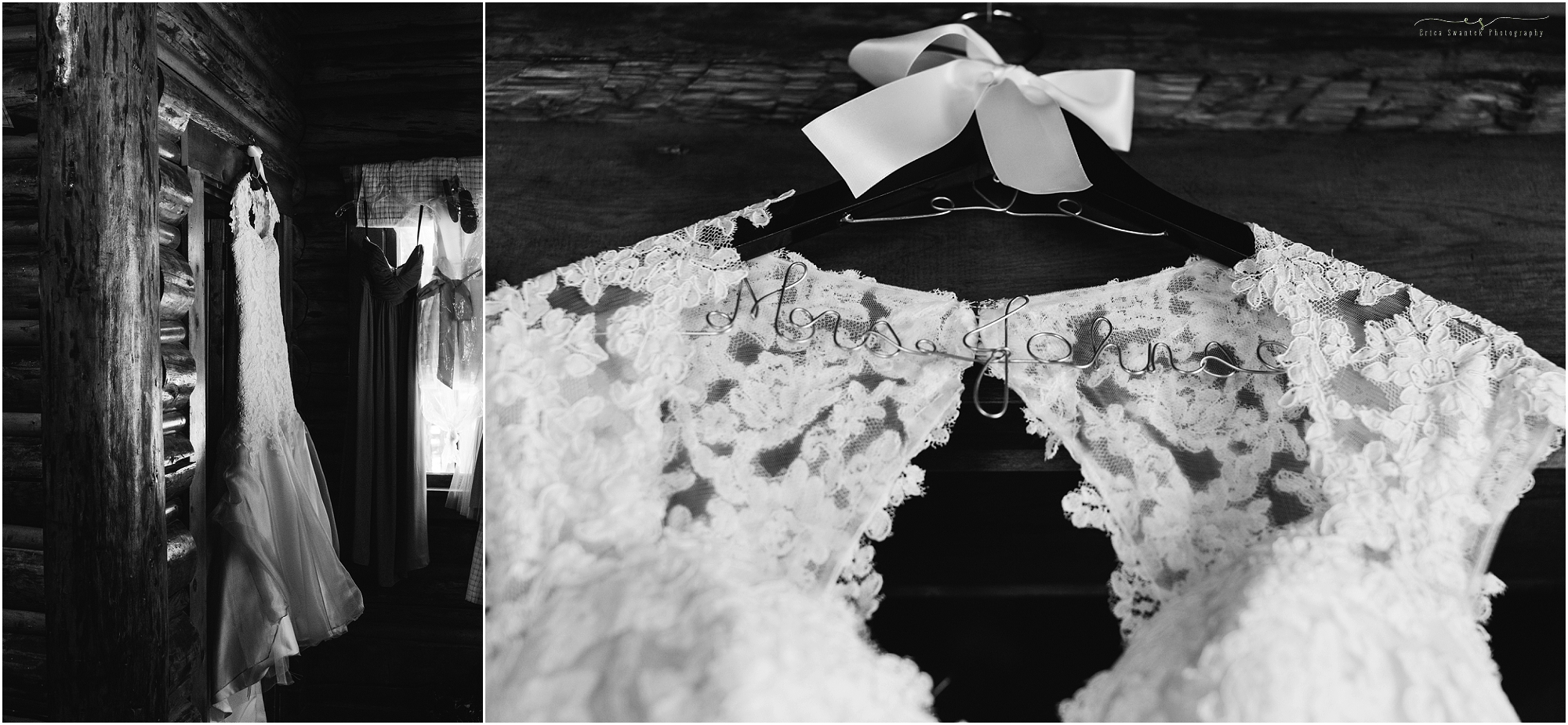 A gorgeous black and white image of a beautiful bohemian lace wedding gown hanging on the rustic beams of Skyliner's Lodge in Bend, OR. 