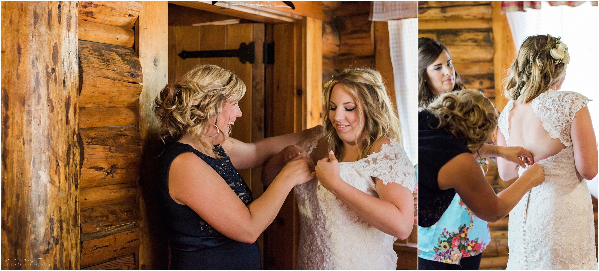 A beautiful mother of the bride moment as she helps her daughter into her wedding dress for this gorgeous lodge wedding in Oregon. 