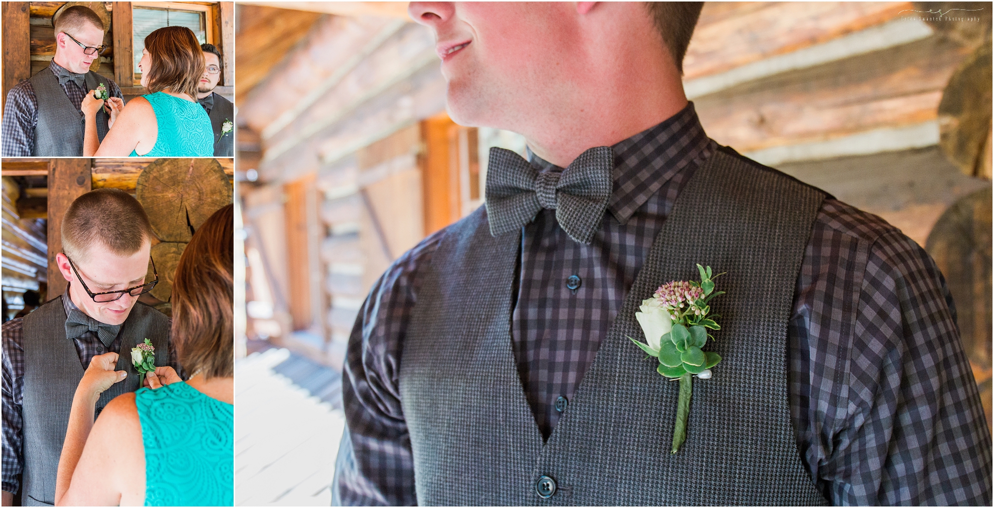 The groom's amazing succulent boutonniere is pinned and ready for this Oregon lodge wedding. 