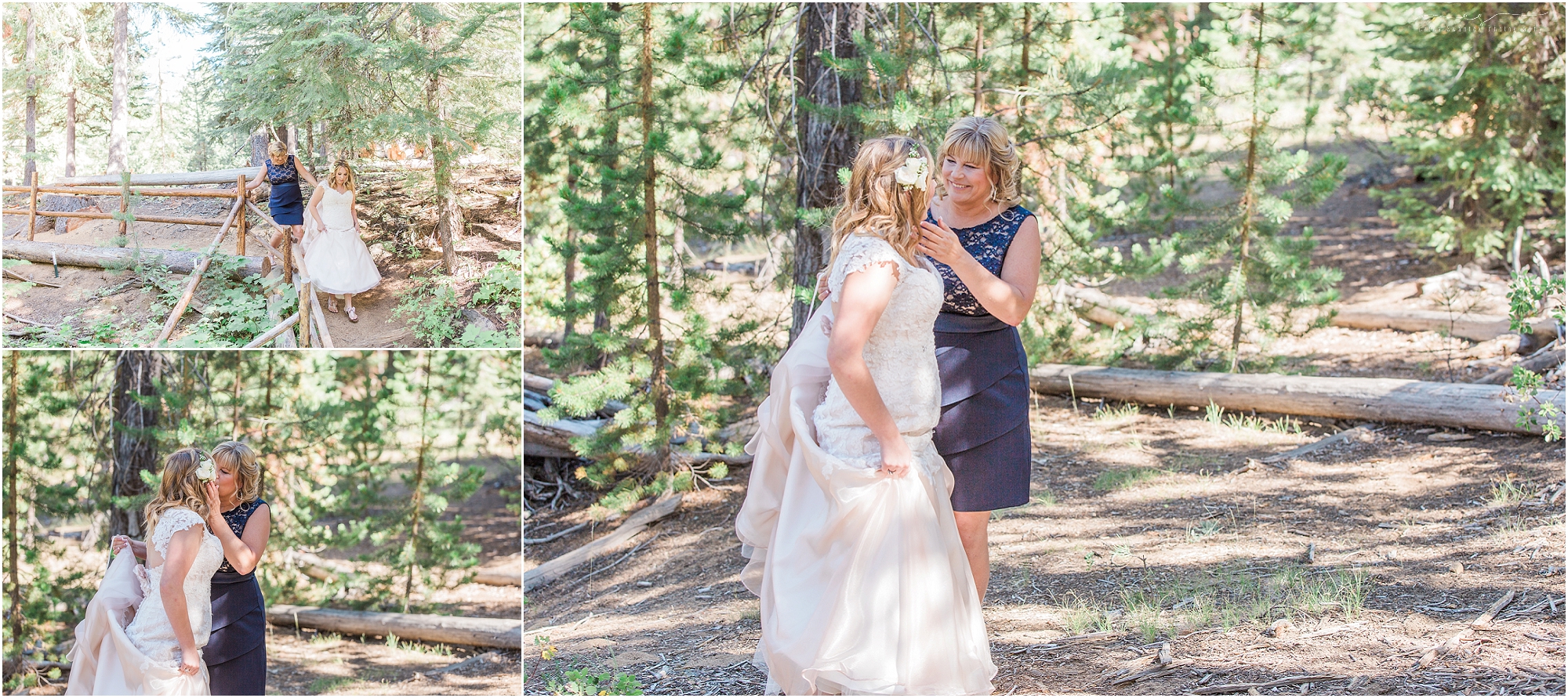 A beautiful bride is walked out to meet her groom for their first look by her mother through the pine trees of Skyliner's Lodge in Bend, OR. 