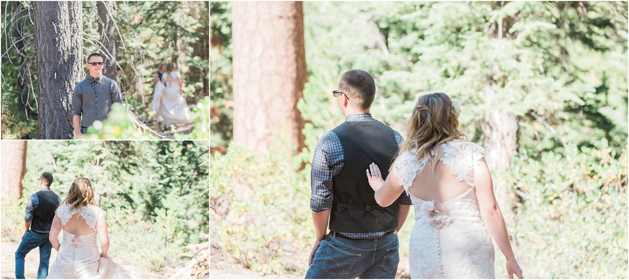 A bride taps her groom on the shoulder for their first look in Bend, OR. 