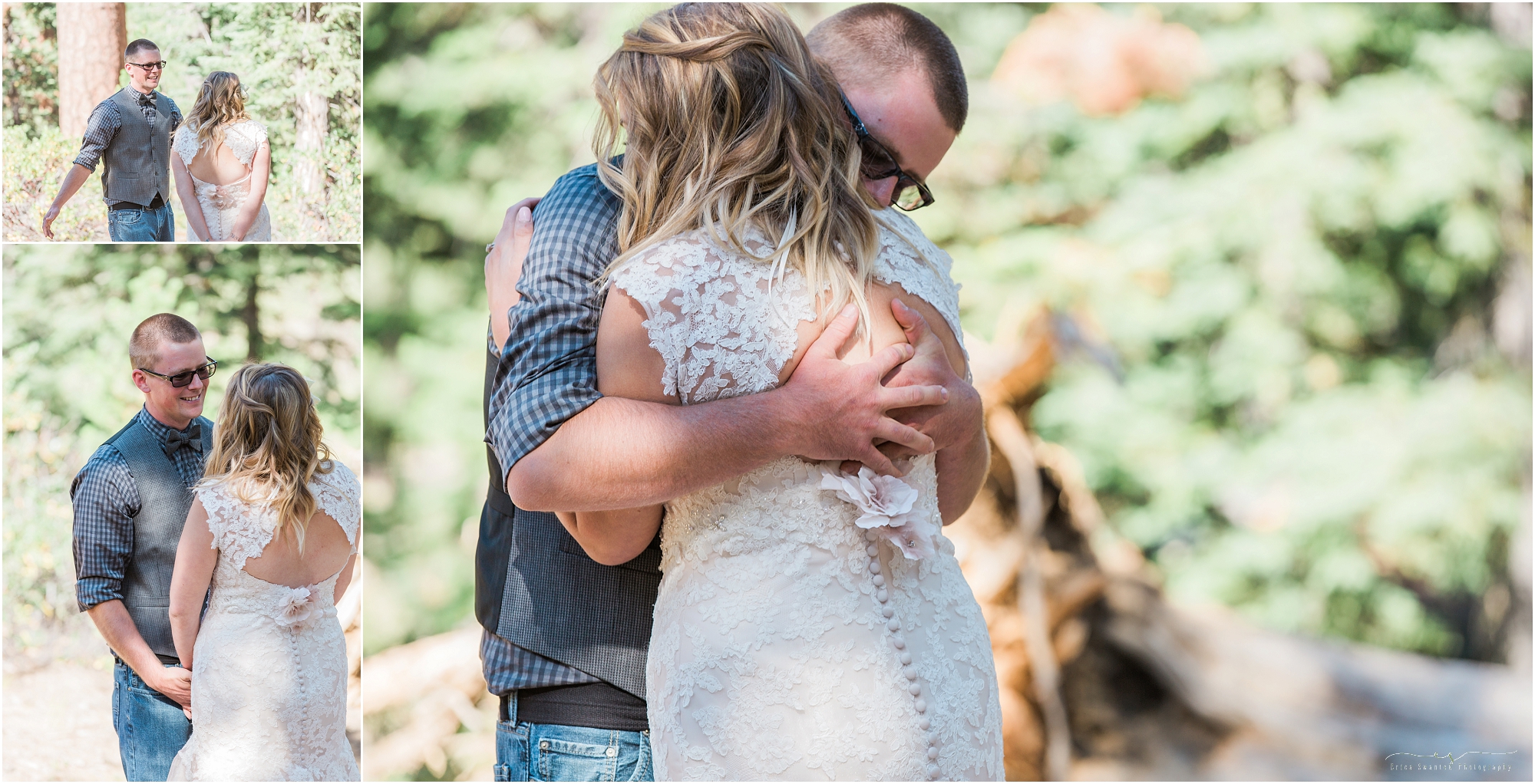 A groom embraces his bride when he sees her for the first time at this rustic Oregon lodge wedding in Bend, Oregon. 