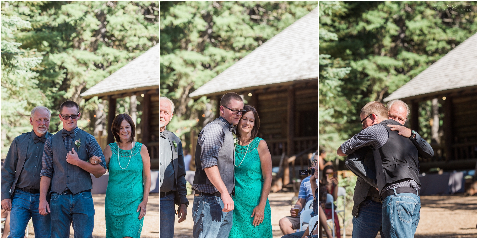 The groom & his parents at the processional for this outdoor rustic Oregon lodge wedding in Bend. 